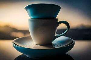 a stack of two blue cups and saucers on a table. AI-Generated photo