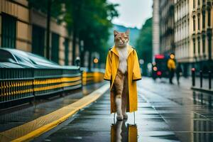 a cat in a yellow raincoat standing on the street. AI-Generated photo