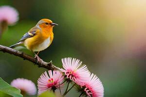 a small orange bird is perched on a branch with pink flowers. AI-Generated photo