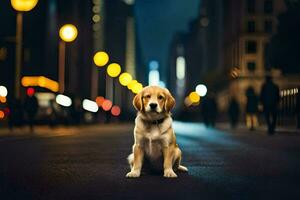 a dog sitting on the street at night. AI-Generated photo