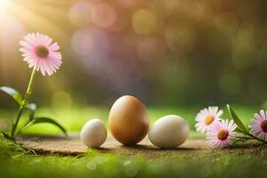 three eggs and flowers on a grassy field. AI-Generated photo