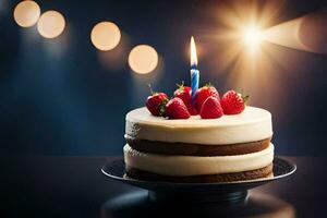 a birthday cake with a single candle on top. AI-Generated photo