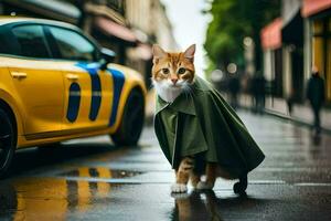 a cat wearing a green coat walking down a street. AI-Generated photo