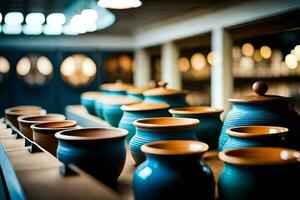 a row of blue and brown vases on a shelf. AI-Generated photo