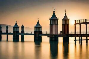 a pier with several buildings and a bridge at sunset. AI-Generated photo