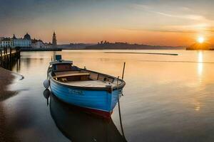 a boat sits on the shore at sunset. AI-Generated photo