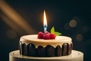 a birthday cake with a single candle. AI-Generated photo