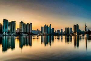 the city skyline is reflected in the water at sunset. AI-Generated photo