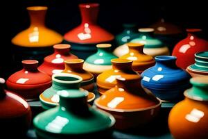 colorful vases are lined up in a row. AI-Generated photo