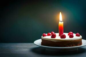 a single candle is lit on a cake with raspberries. AI-Generated photo