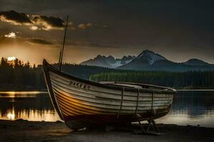 a boat sits on the shore of a lake at sunset. AI-Generated photo