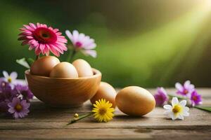 eggs in a bowl with flowers on a wooden table. AI-Generated photo