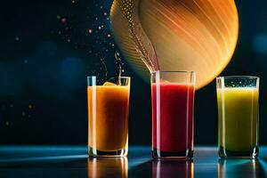 three glasses of juice with a colorful splash. AI-Generated photo