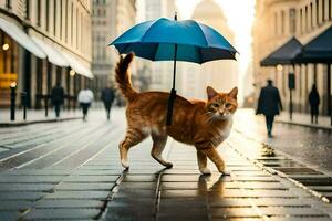 un naranja gato caminando en un ciudad calle con un sombrilla. generado por ai foto