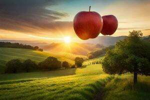 two apples are flying in the air over a field. AI-Generated photo