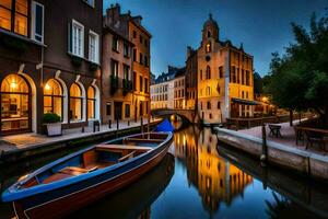 a boat is docked in a canal at night. AI-Generated photo
