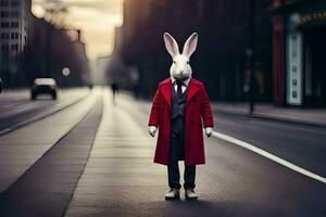 a rabbit wearing a red coat and tie standing on the street. AI-Generated photo