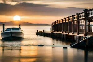 a boat is docked at the end of a pier at sunset. AI-Generated photo