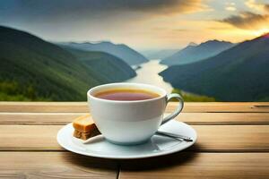 un taza de té en un de madera mesa con montañas en el antecedentes. generado por ai foto