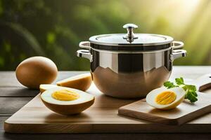 a pot with an egg on a cutting board. AI-Generated photo