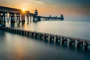 un largo exposición fotografía de un muelle a puesta de sol. generado por ai foto