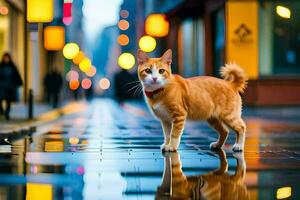 un gato es en pie en un mojado calle a noche. generado por ai foto