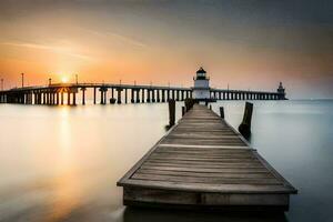 un muelle con un faro a puesta de sol. generado por ai foto