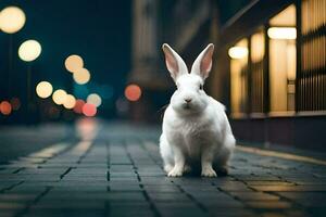white rabbit sitting on the street at night. AI-Generated photo