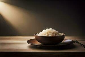 a bowl of rice on a wooden table with a fork. AI-Generated photo