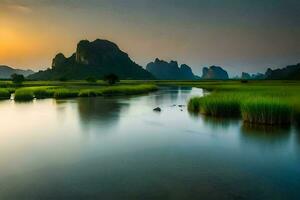 el amanecer terminado el río en Vietnam. generado por ai foto