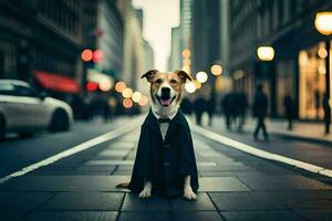 a dog in a tuxedo standing on a city street. AI-Generated photo