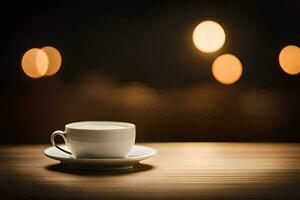 a cup of coffee on a table in front of a blurry background. AI-Generated photo