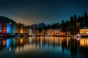 foto fondo de pantalla el cielo, noche, montañas, lago, el ciudad, el ciudad luces, el. generado por ai