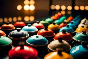 colorful pots and pans on a table. AI-Generated photo