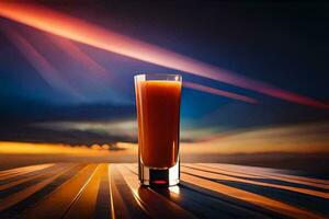 a glass of orange juice on a table in front of a sunset. AI-Generated photo