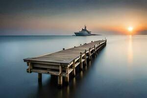 a boat is docked at the end of a pier at sunset. AI-Generated photo