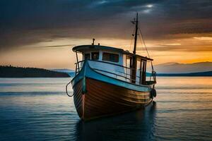 a boat sits on the water at sunset. AI-Generated photo