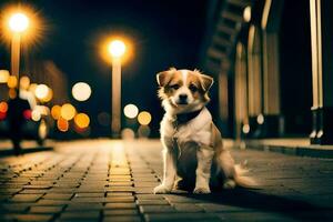 a dog sitting on the sidewalk at night. AI-Generated photo