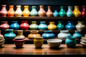 a row of colorful vases and bowls on a shelf. AI-Generated photo