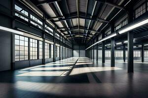 an empty warehouse with large windows and a lot of light. AI-Generated photo