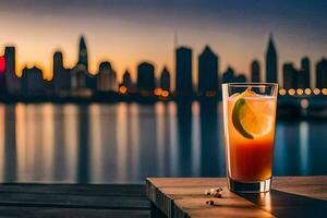 a glass of orange juice with a view of the city skyline. AI-Generated photo