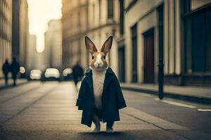 a rabbit in a coat standing on a street. AI-Generated photo