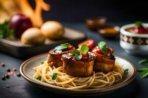 spaghetti with meat and sauce on a plate. AI-Generated photo