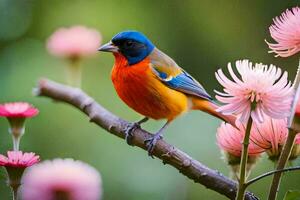 a colorful bird sits on a branch with pink flowers. AI-Generated photo