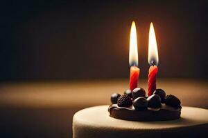 a birthday cake with two burning candles. AI-Generated photo