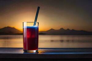 a glass of red drink with a straw on a table in front of a lake. AI-Generated photo