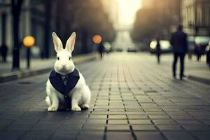 un blanco Conejo vistiendo un Corbata se sienta en el calle. generado por ai foto