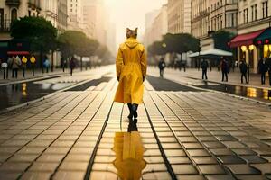 a woman in a yellow raincoat walking down a street. AI-Generated photo