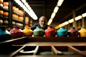 a man is looking at a row of colorful vases. AI-Generated photo