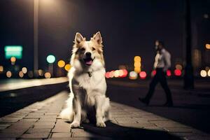 a dog sitting on the sidewalk at night. AI-Generated photo